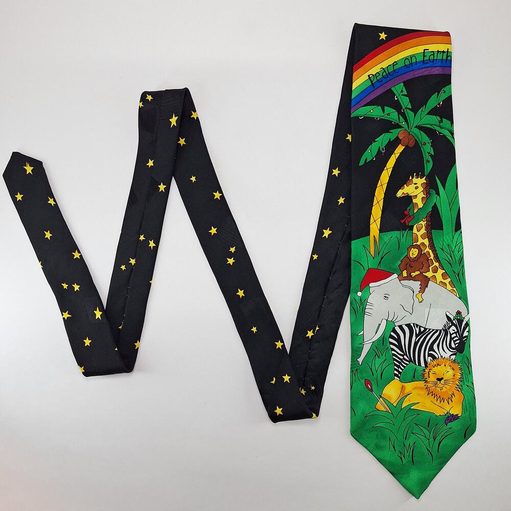 Vintage American Traditions Necktie Mens Black Animal Print 100% Silk Jungle Tie